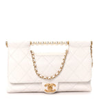Shiny Lambskin Pearl Top Handle Flap Shopping Bag White