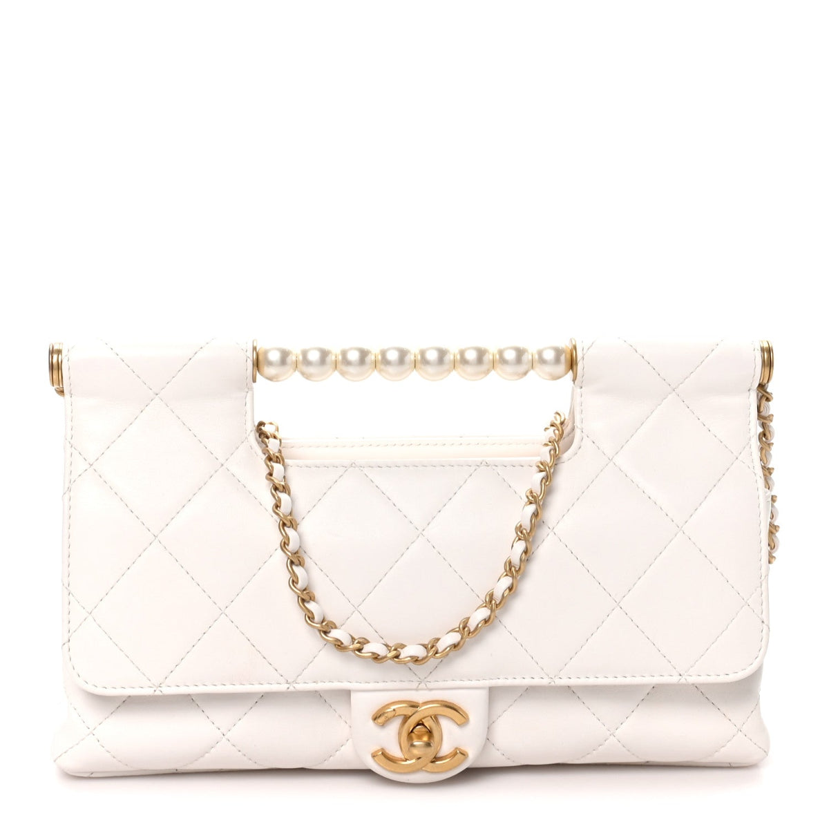 Shiny Lambskin Pearl Top Handle Flap Shopping Bag White
