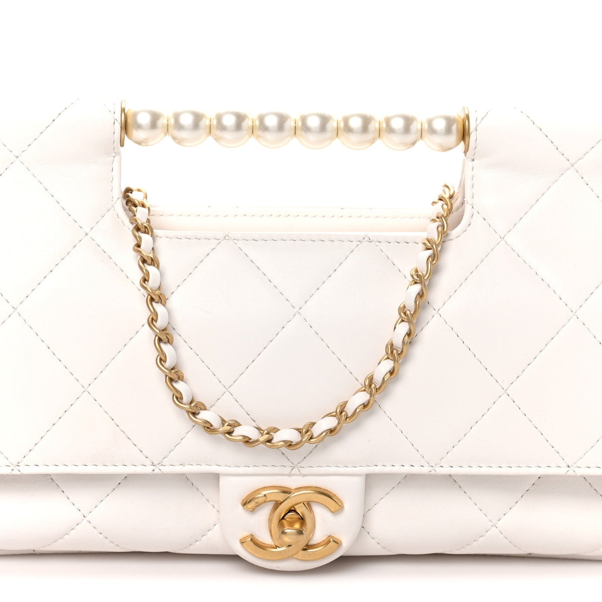 Shiny Lambskin Pearl Top Handle Flap Shopping Bag White