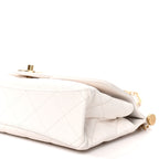 Shiny Lambskin Pearl Top Handle Flap Shopping Bag White