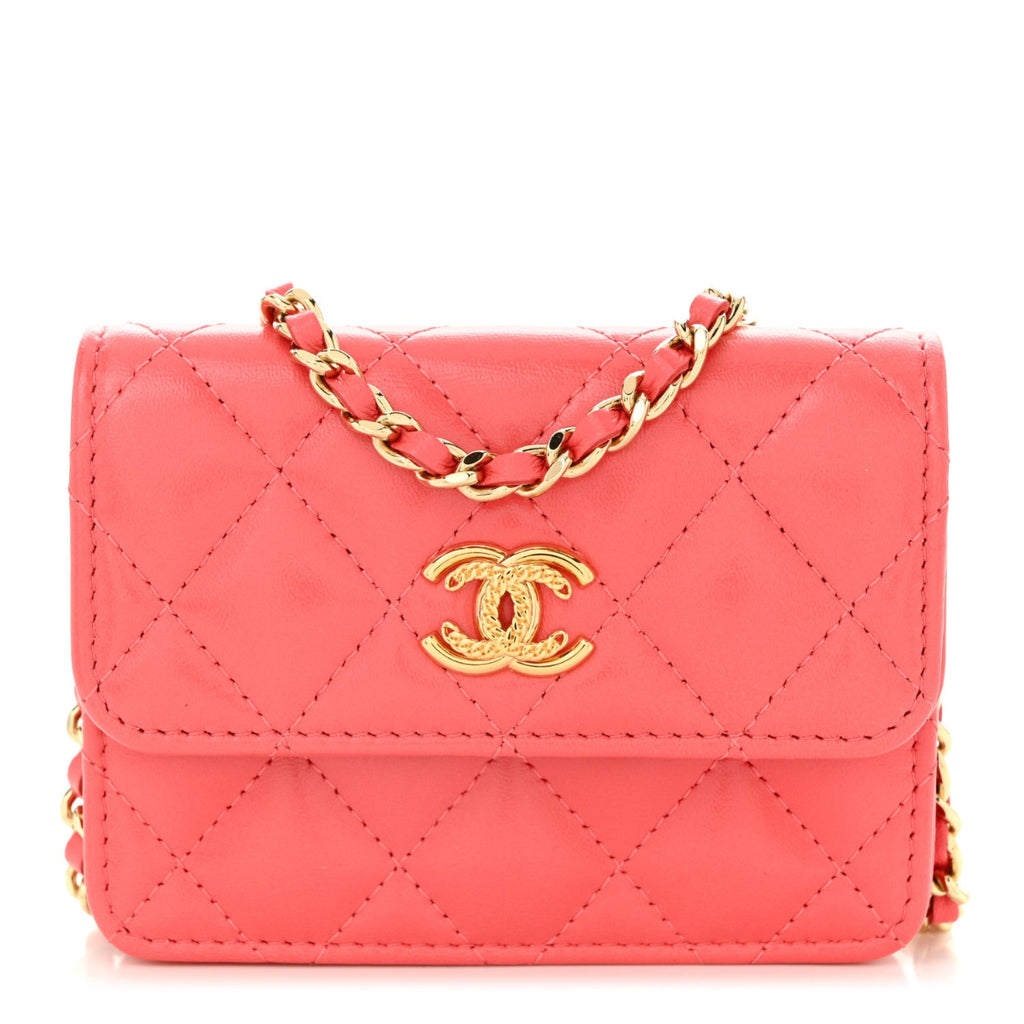 Shiny Lambskin Quilted Card Holder On Chain Pink