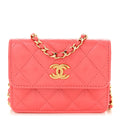 Shiny Lambskin Quilted Card Holder On Chain Pink