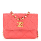 Shiny Lambskin Quilted Card Holder On Chain Pink