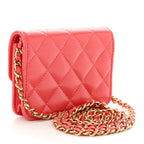Shiny Lambskin Quilted Card Holder On Chain Pink