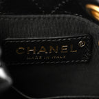 Shiny Lambskin Quilted Chain Around Drawstring Bucket Clutch With Chain Black