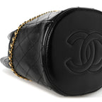 Shiny Lambskin Quilted Chain Around Drawstring Bucket Clutch With Chain Black