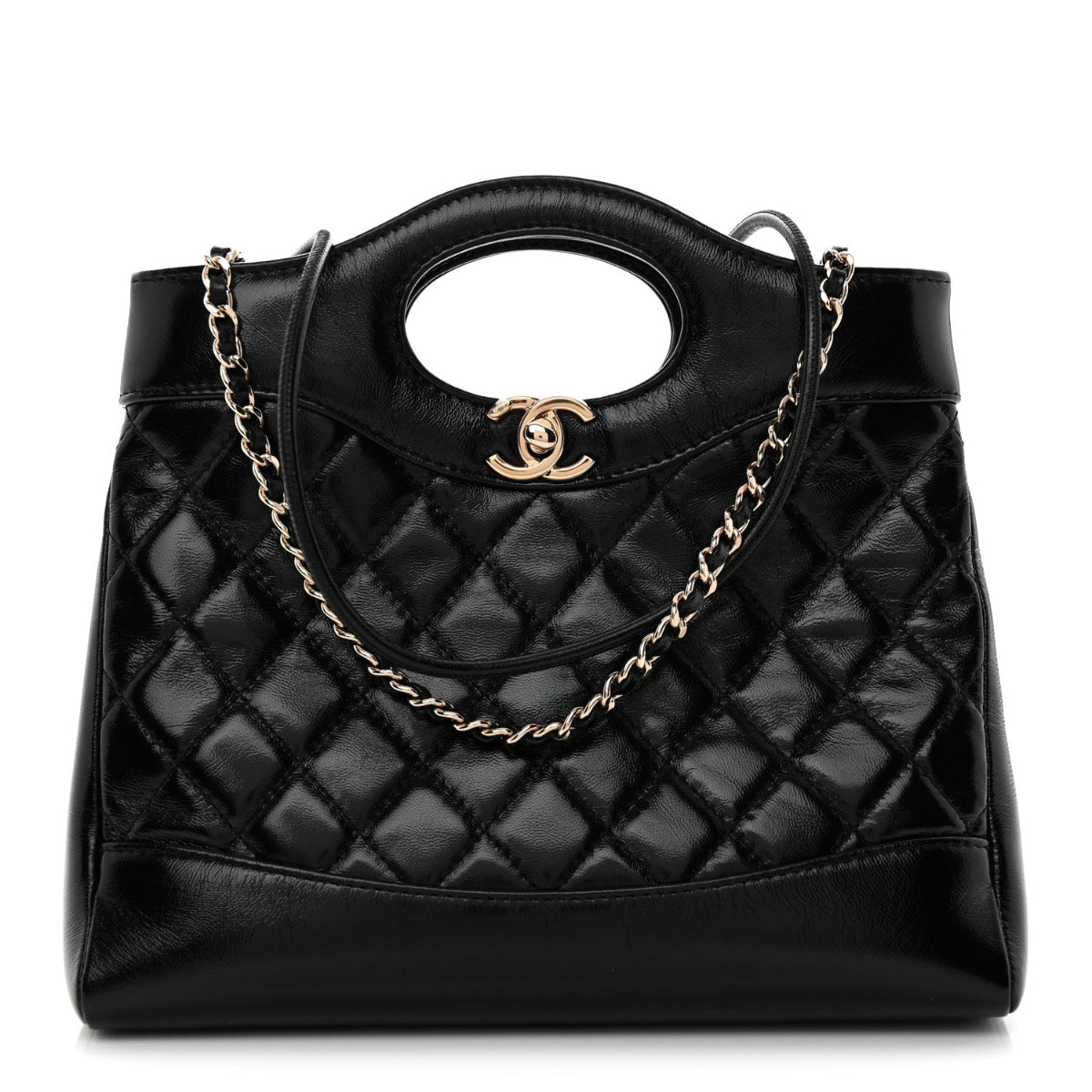 Shiny Lambskin Quilted Mini 31 Shopping Bag Black