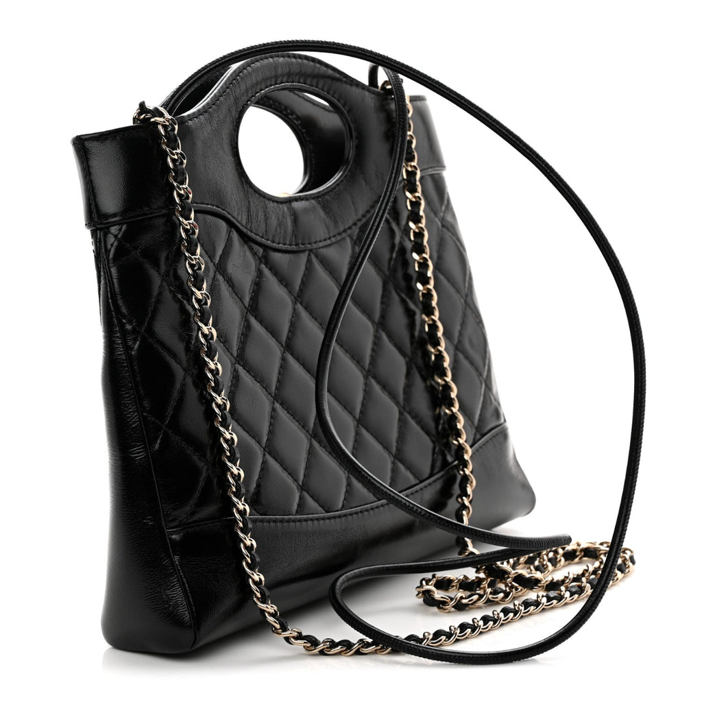 Shiny Lambskin Quilted Mini 31 Shopping Bag Black