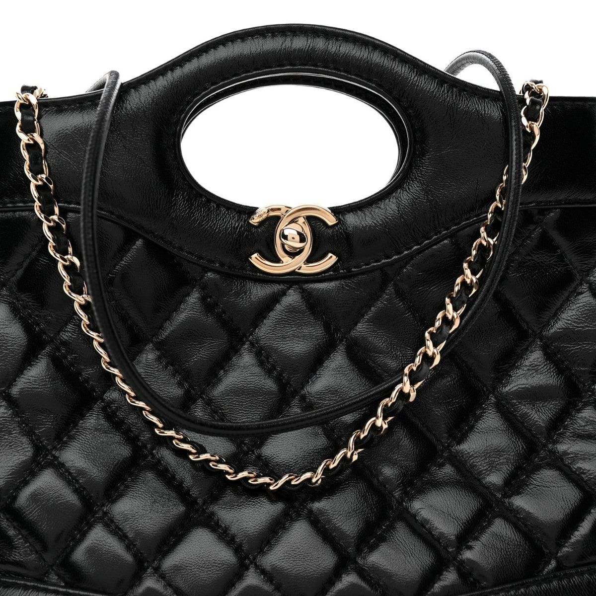Shiny Lambskin Quilted Mini 31 Shopping Bag Black