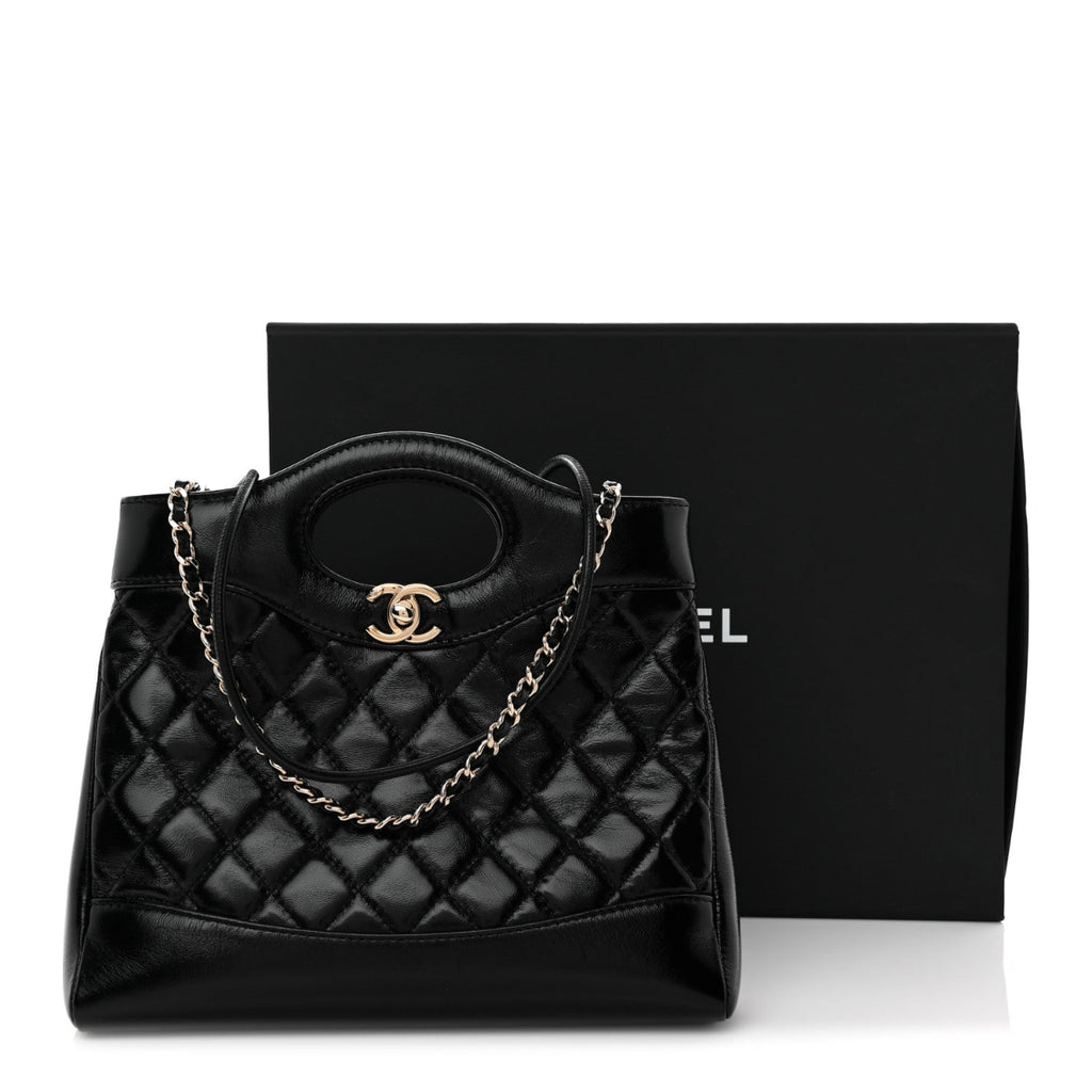 Shiny Lambskin Quilted Mini 31 Shopping Bag Black