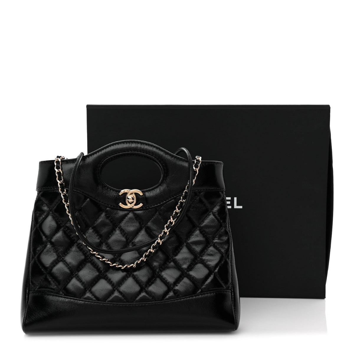 Shiny Lambskin Quilted Mini 31 Shopping Bag Black