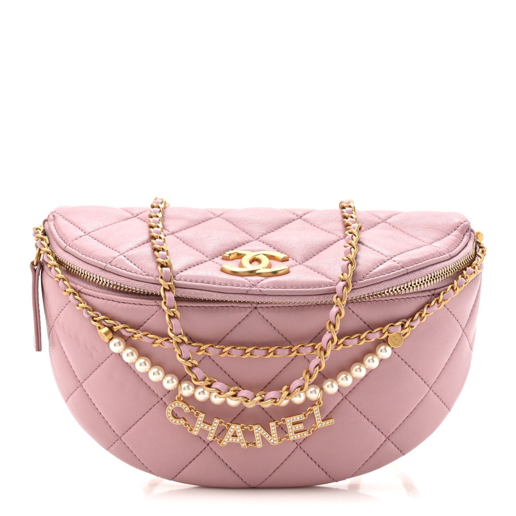 Shiny Lambskin Quilted Pearl Logo Waist Bag Light Pink