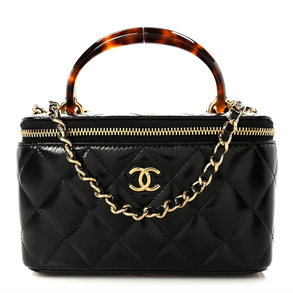 Shiny Lambskin Quilted Small Plexiglass Top Handle Vanity Case With Chain Black Tortoise