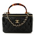 Shiny Lambskin Quilted Small Plexiglass Top Handle Vanity Case With Chain Black Tortoise
