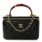 Shiny Lambskin Quilted Small Plexiglass Top Handle Vanity Case With Chain Black Tortoise