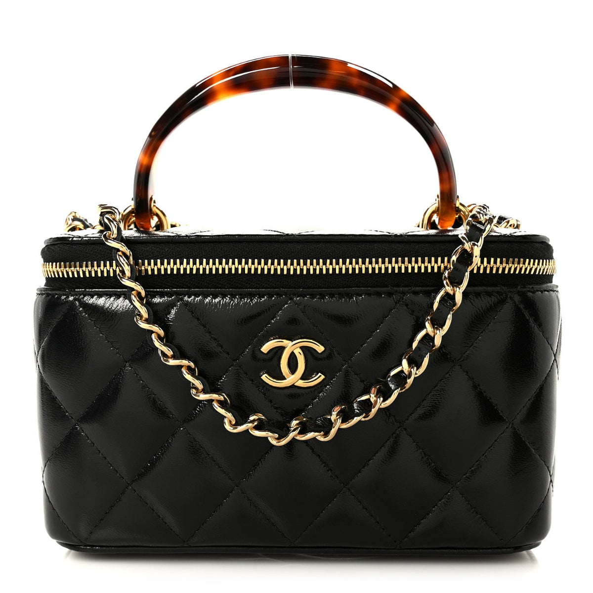 Shiny Lambskin Quilted Small Plexiglass Top Handle Vanity Case With Chain Black Tortoise