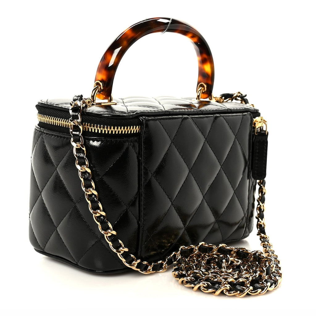 Shiny Lambskin Quilted Small Plexiglass Top Handle Vanity Case With Chain Black Tortoise