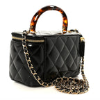 Shiny Lambskin Quilted Small Plexiglass Top Handle Vanity Case With Chain Black Tortoise