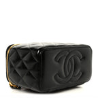 Shiny Lambskin Quilted Small Plexiglass Top Handle Vanity Case With Chain Black Tortoise