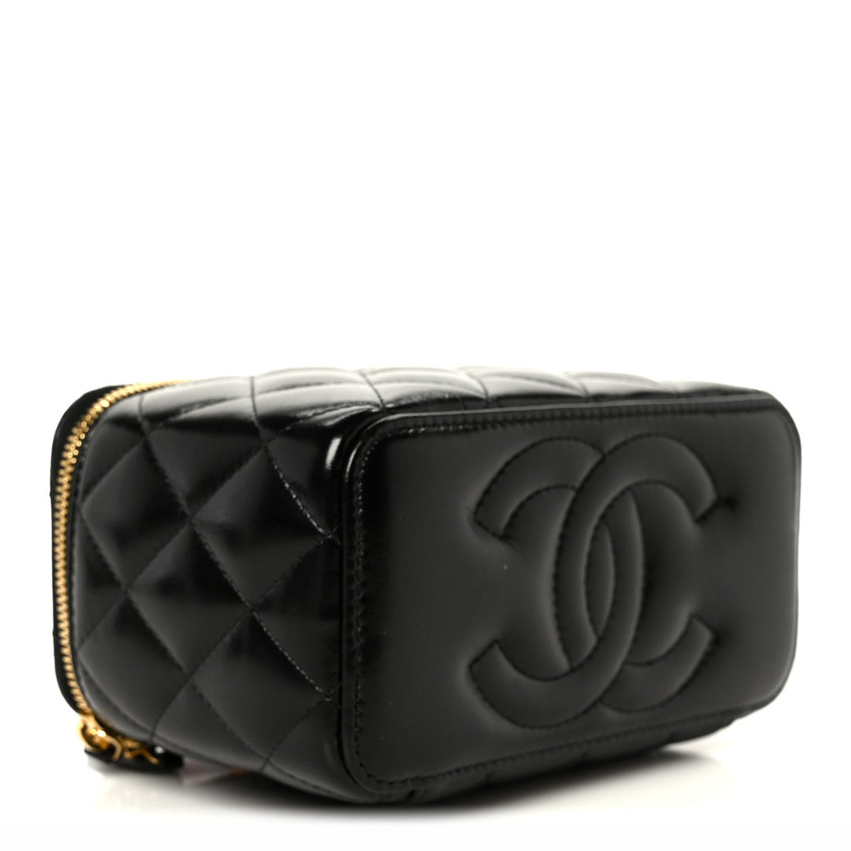 Shiny Lambskin Quilted Small Plexiglass Top Handle Vanity Case With Chain Black Tortoise