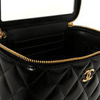 Shiny Lambskin Quilted Small Plexiglass Top Handle Vanity Case With Chain Black Tortoise