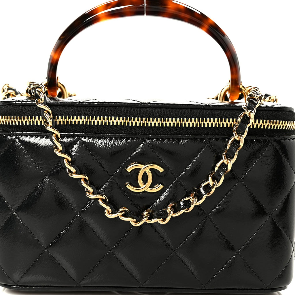 Shiny Lambskin Quilted Small Plexiglass Top Handle Vanity Case With Chain Black Tortoise