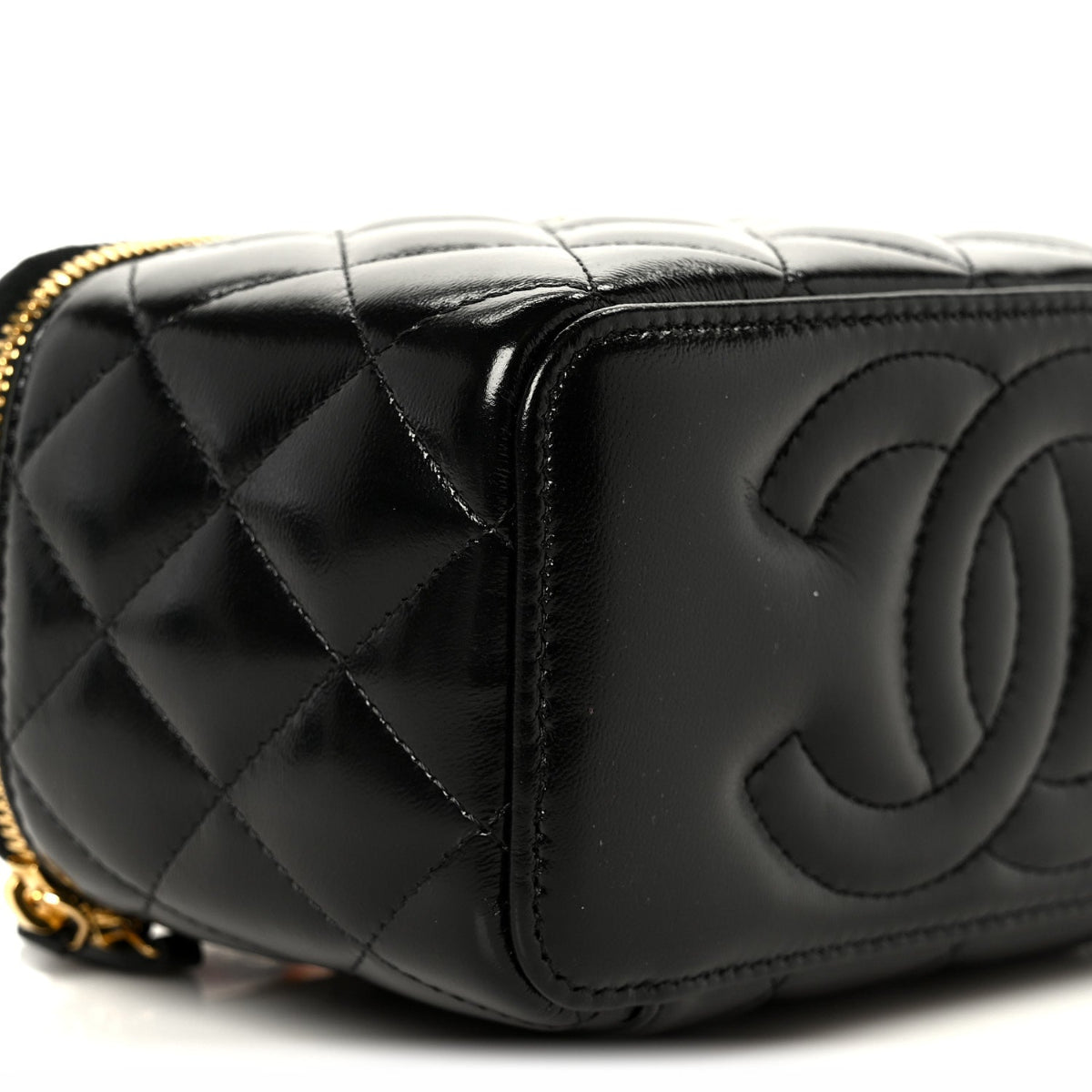 Shiny Lambskin Quilted Small Plexiglass Top Handle Vanity Case With Chain Black Tortoise