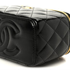 Shiny Lambskin Quilted Small Plexiglass Top Handle Vanity Case With Chain Black Tortoise