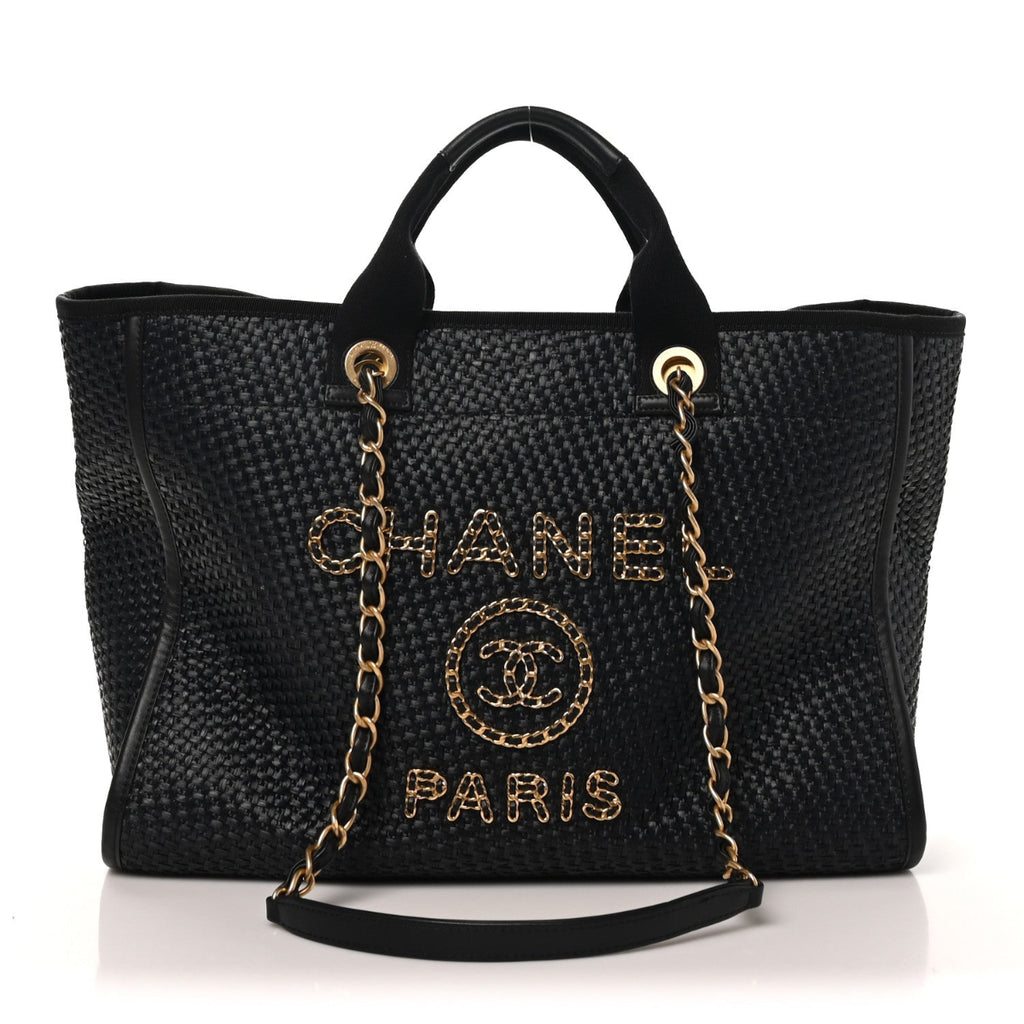 Straw Raffia Calfskin Chain Medium Deauville Tote Black
