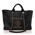 Straw Raffia Calfskin Chain Medium Deauville Tote Black