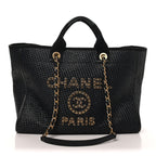 Straw Raffia Calfskin Chain Medium Deauville Tote Black