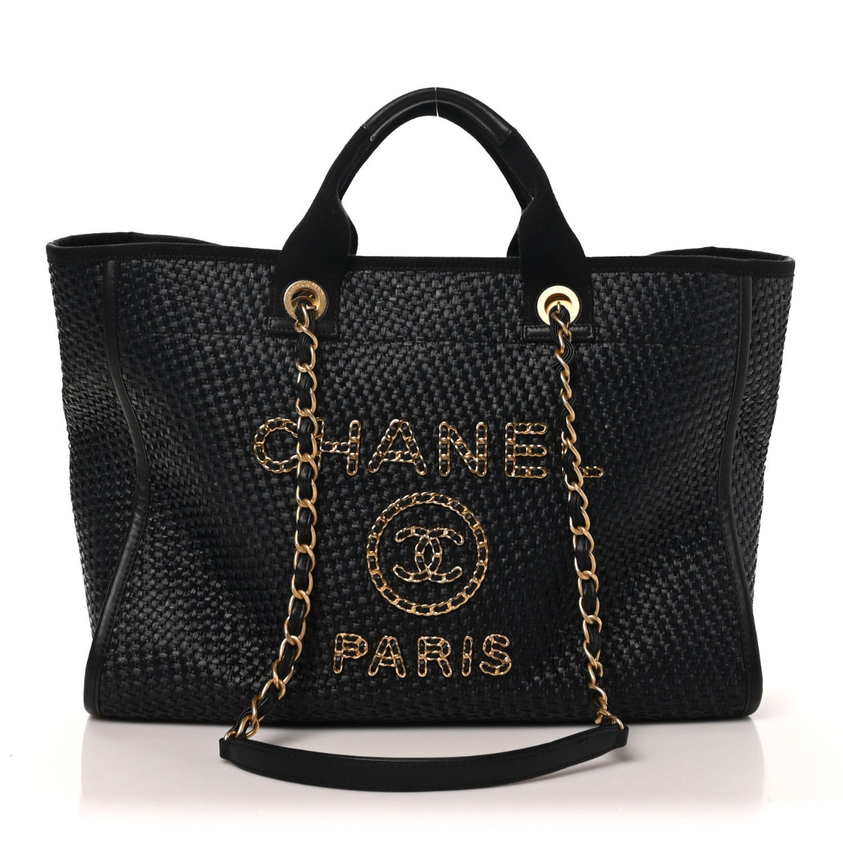 Straw Raffia Calfskin Chain Medium Deauville Tote Black