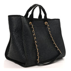 Straw Raffia Calfskin Chain Medium Deauville Tote Black