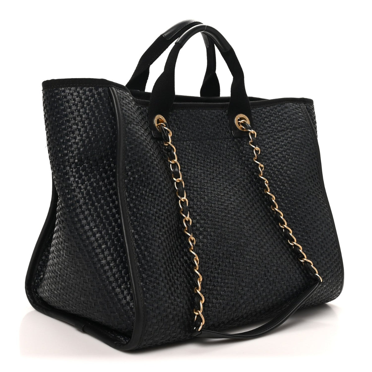 Straw Raffia Calfskin Chain Medium Deauville Tote Black