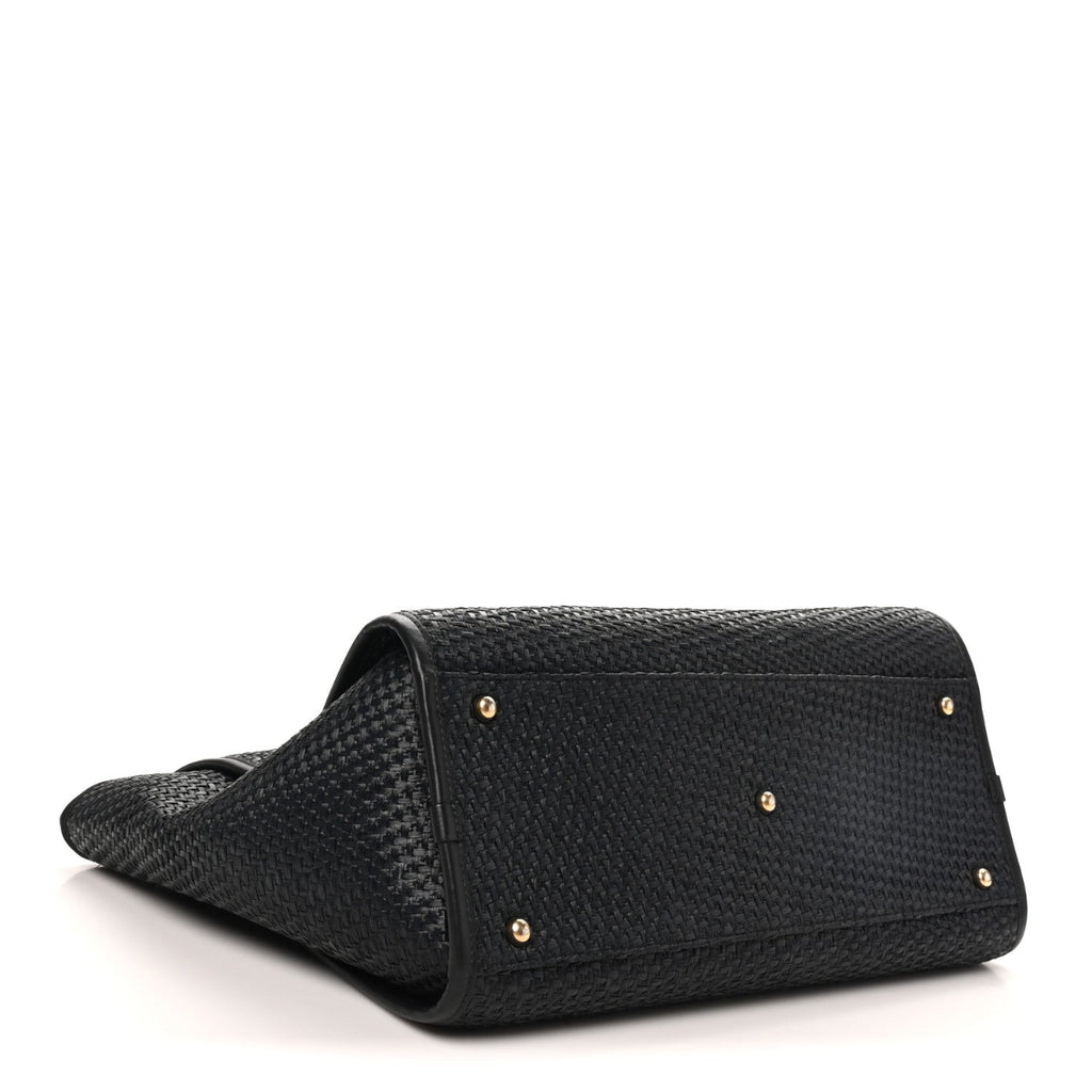 Straw Raffia Calfskin Chain Medium Deauville Tote Black