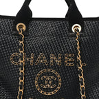 Straw Raffia Calfskin Chain Medium Deauville Tote Black