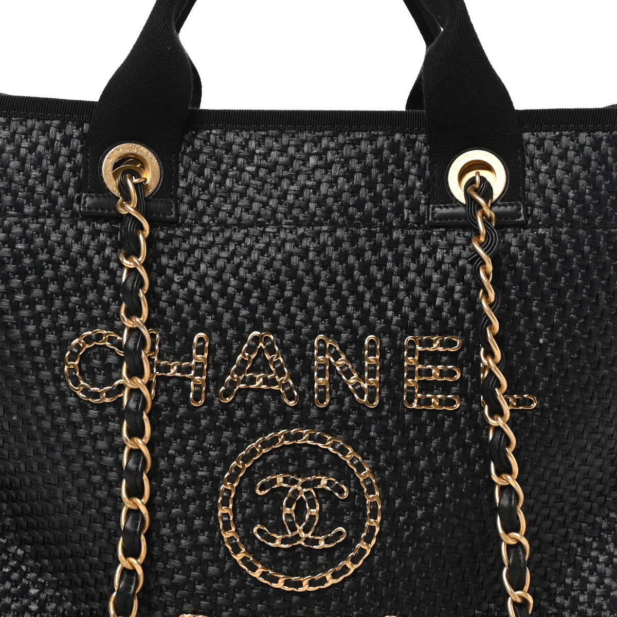 Straw Raffia Calfskin Chain Medium Deauville Tote Black