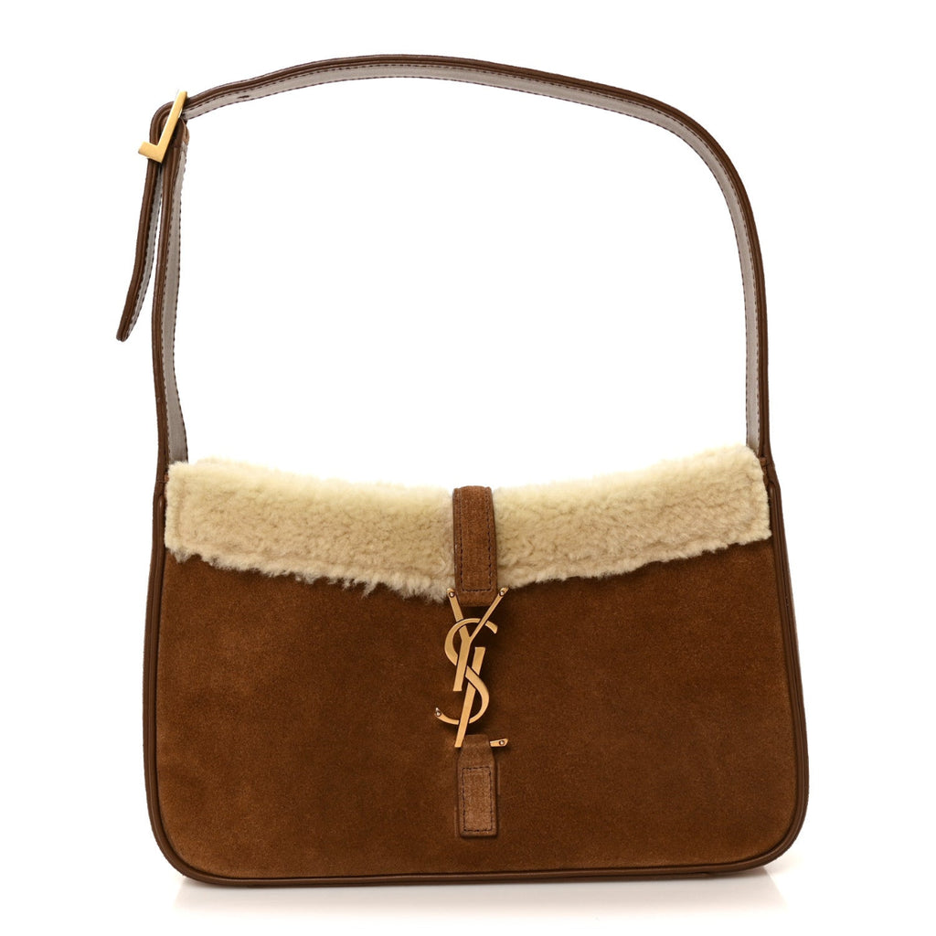 Suede Calfskin Shearling Le 5 A 7 Hobo Dark Cigar Natural Beige
