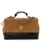 Suede Calfskin Shiny Lambskin Quilted Coco Base Flap Top Handle Bag Beige Black