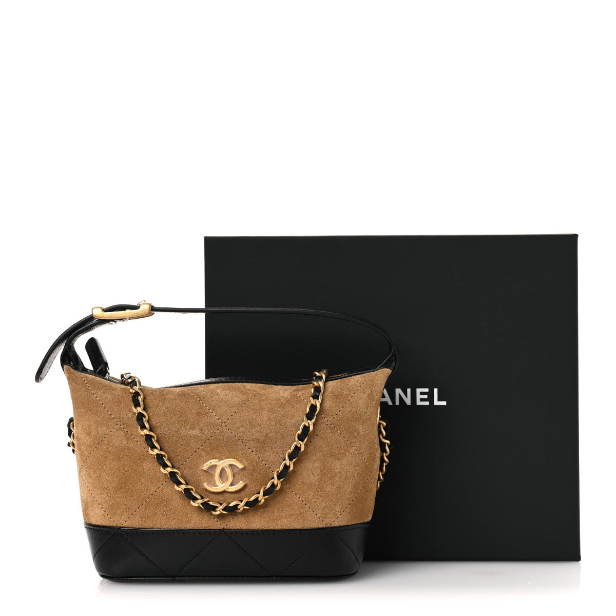 Suede Calfskin Shiny Lambskin Quilted Coco Base Hobo Clutch With Chain Beige Black