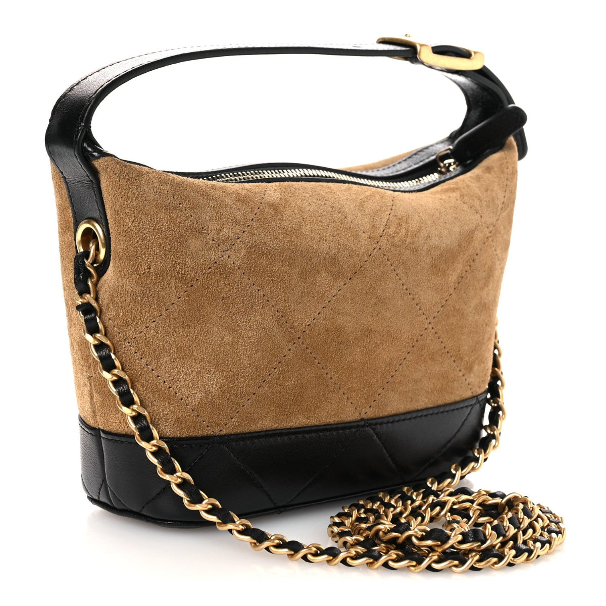 Suede Calfskin Shiny Lambskin Quilted Coco Base Hobo Clutch With Chain Beige Black