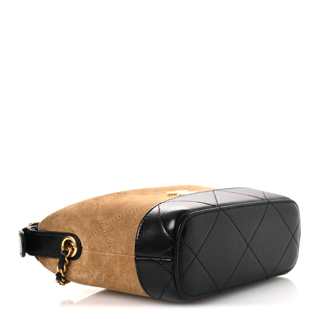 Suede Calfskin Shiny Lambskin Quilted Coco Base Hobo Clutch With Chain Beige Black
