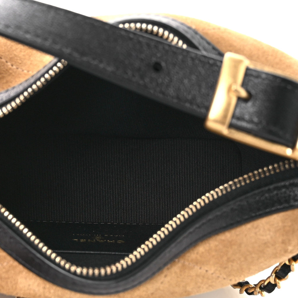 Suede Calfskin Shiny Lambskin Quilted Coco Base Hobo Clutch With Chain Beige Black