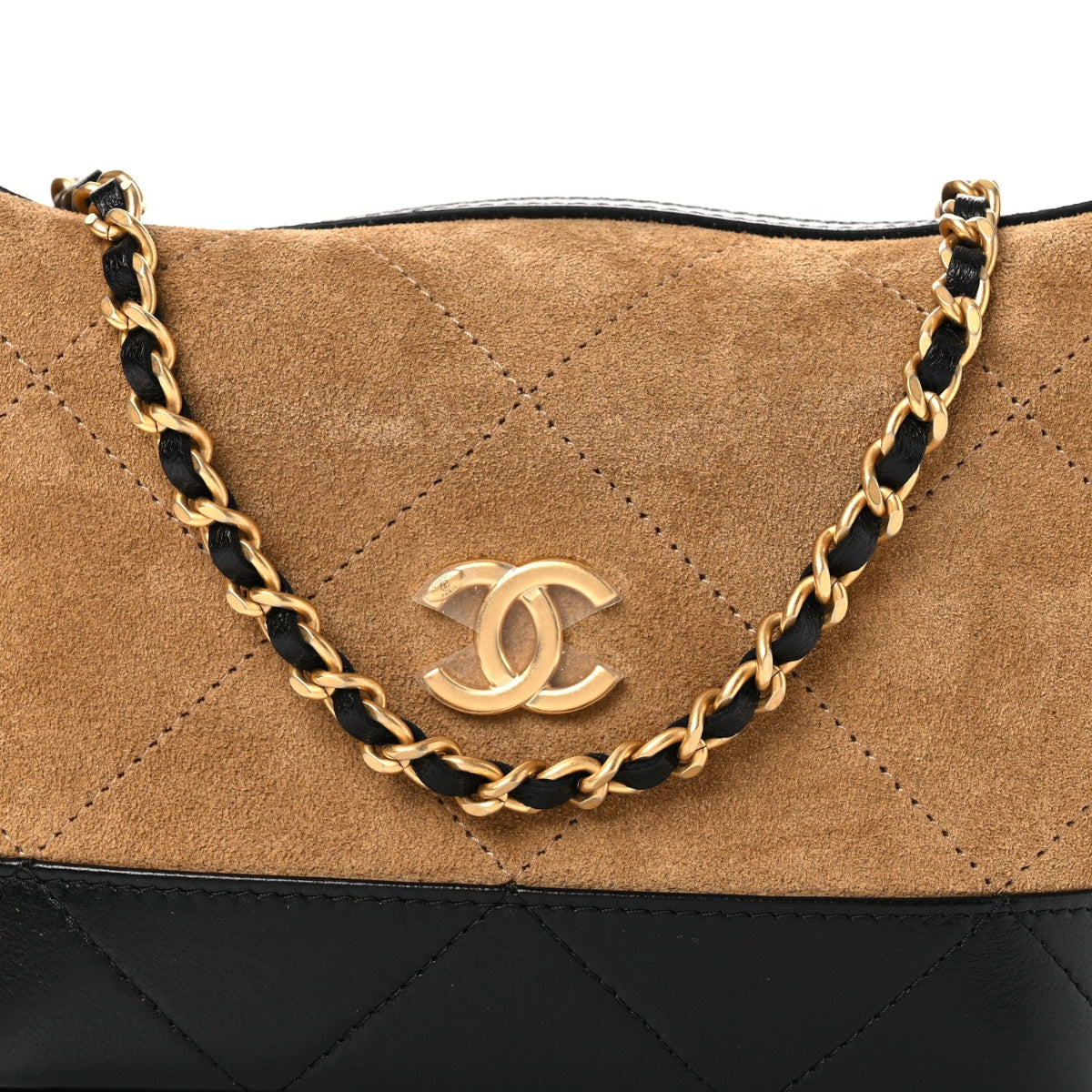 Suede Calfskin Shiny Lambskin Quilted Coco Base Hobo Clutch With Chain Beige Black