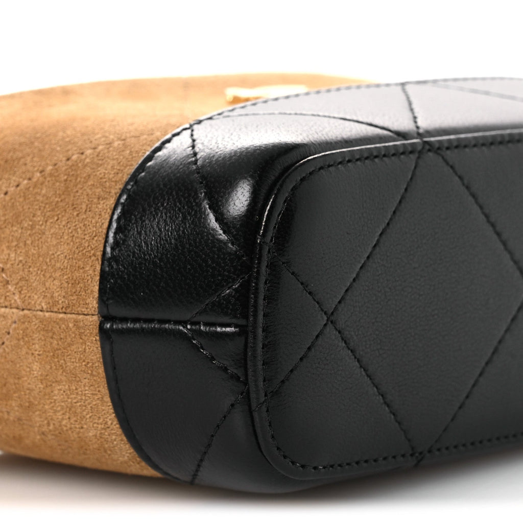 Suede Calfskin Shiny Lambskin Quilted Coco Base Hobo Clutch With Chain Beige Black