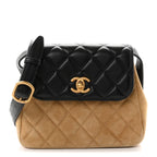 Suede Shiny Lambskin Quilted Crossbody Flap Black Beige
