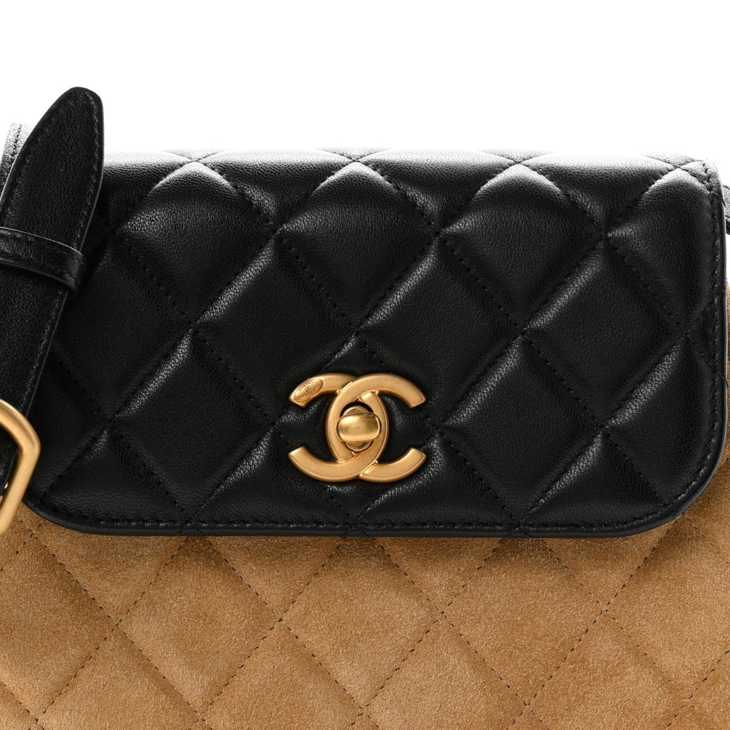 Suede Shiny Lambskin Quilted Crossbody Flap Black Beige