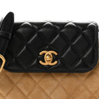 Suede Shiny Lambskin Quilted Crossbody Flap Black Beige