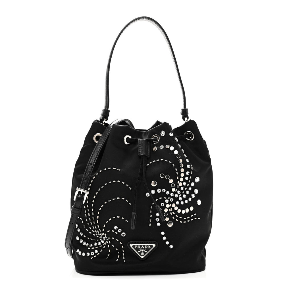 Tessuto Saffiano Ricamo Sequin Crystal Embellished Mini Re-Edition 1978 Bucket Bag Black