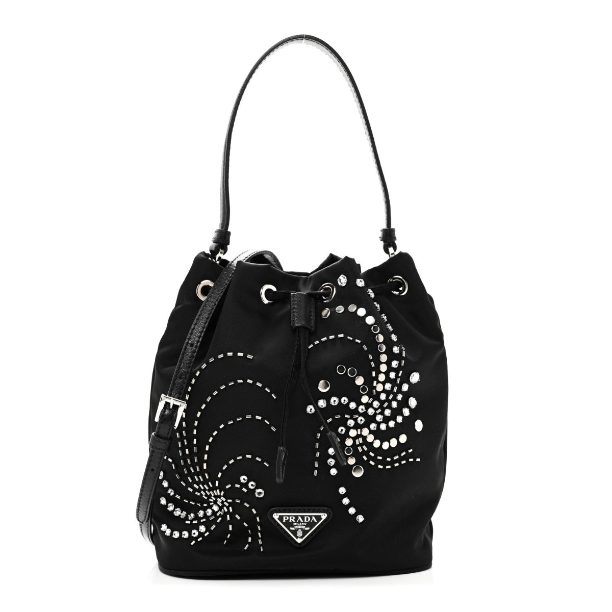 Tessuto Saffiano Ricamo Sequin Crystal Embellished Mini Re-Edition 1978 Bucket Bag Black